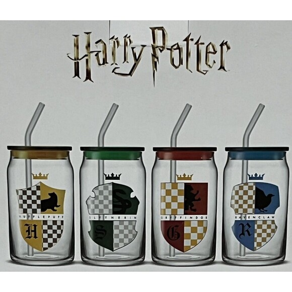 NEW Harry Potter House Crests Set of 4 Tumbler Glasses with Lids & Straws - Picture 1 of 8